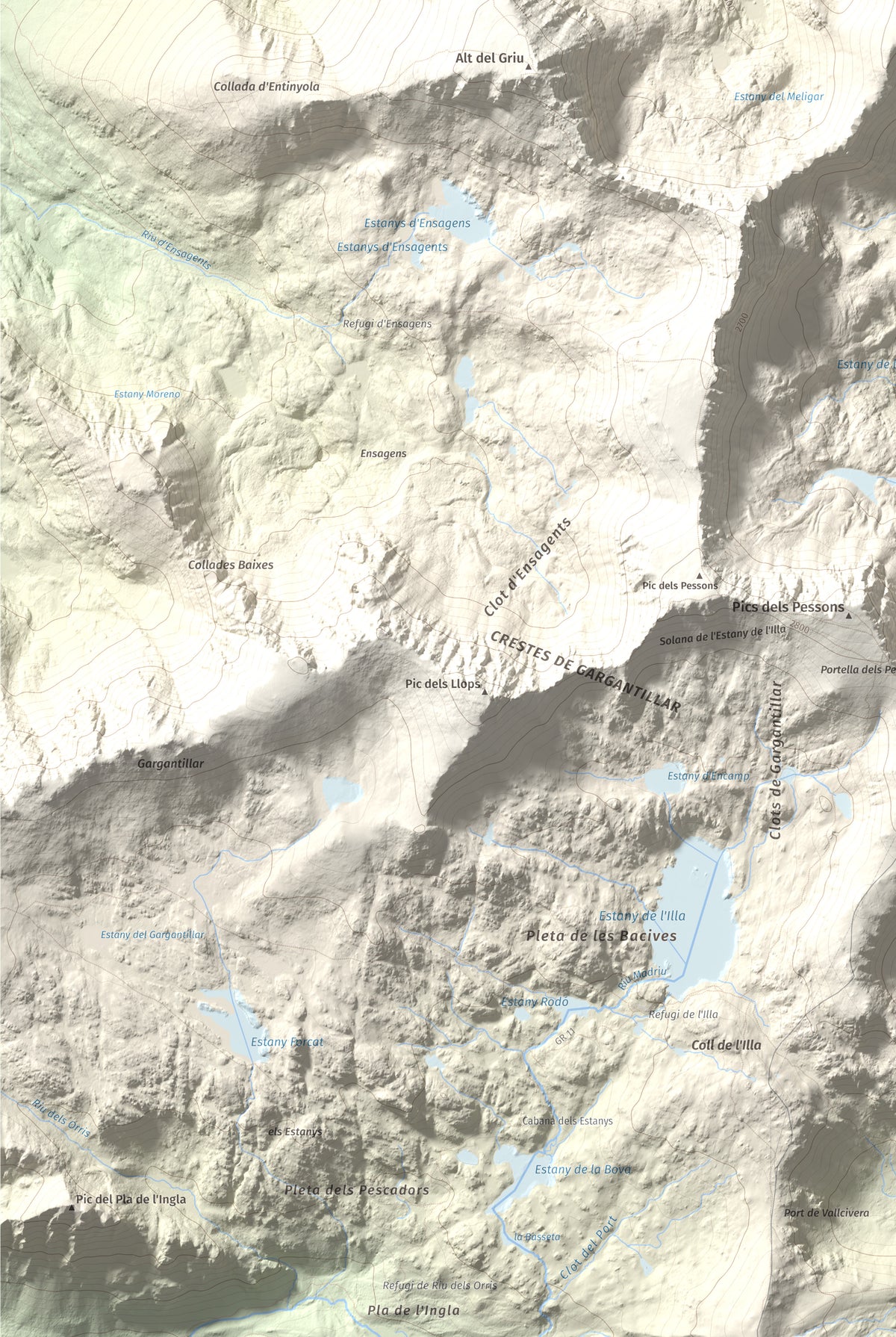 Mapa de relieve de Pic Alt del Cubil, 2834 m, Andorra, lámina 100 Cims de Trobart. Detalle de la zona inferior izquierda. 61 × 91 cm.