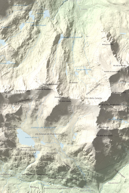Mapa de relieve de Pic Alt del Cubil, 2834 m, Andorra, lámina 100 Cims de Trobart. Detalle de la zona inferior derecha. 61 × 91 cm.