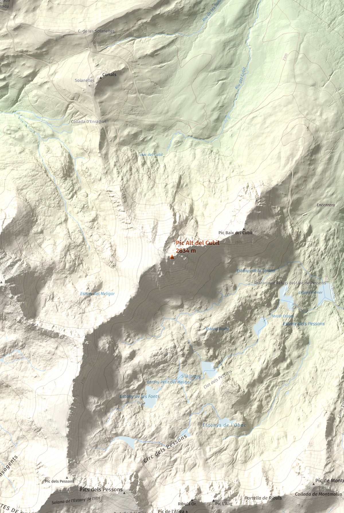 Mapa de relieve de Pic Alt del Cubil, 2834 m, Andorra, lámina 100 Cims de Trobart. Detalle de la zona central. 61 × 91 cm.