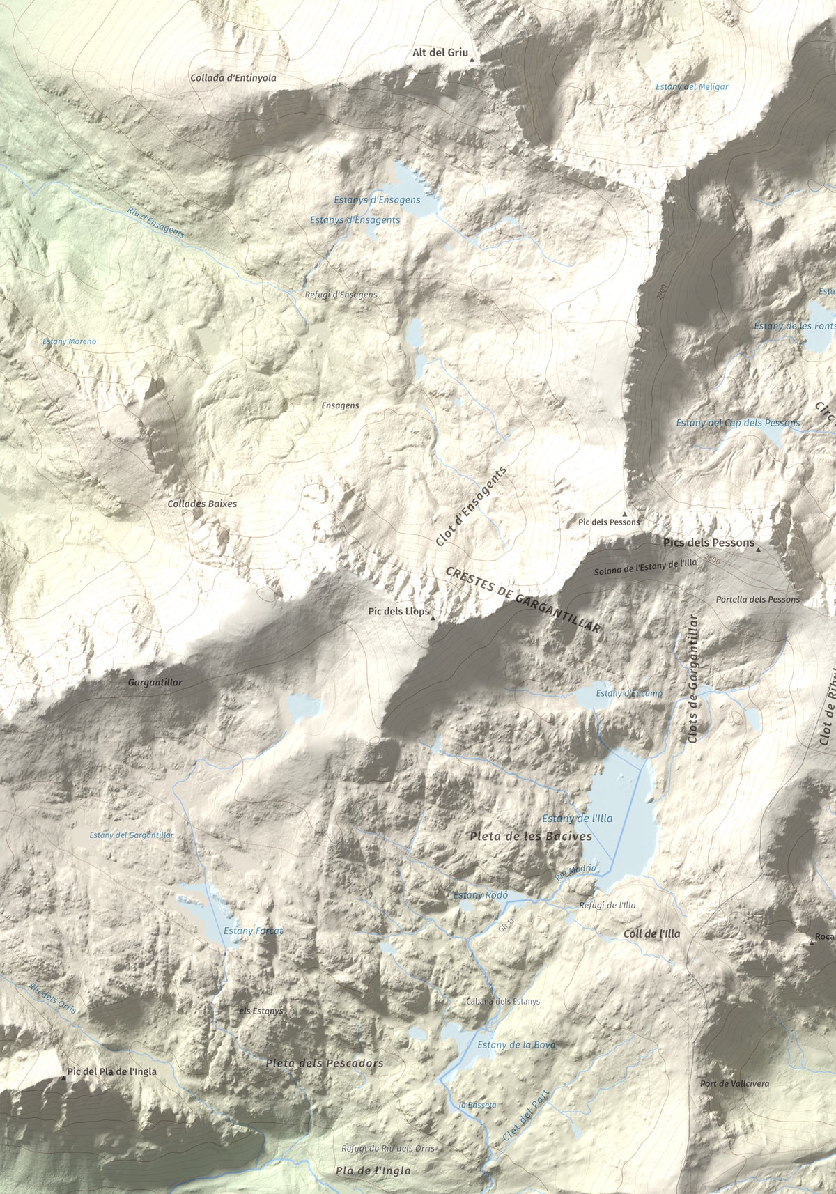 Mapa de relieve de Pic Alt del Cubil, 2834 m, Andorra, lámina 100 Cims de Trobart. Detalle de la zona inferior izquierda. 70 × 100 cm.