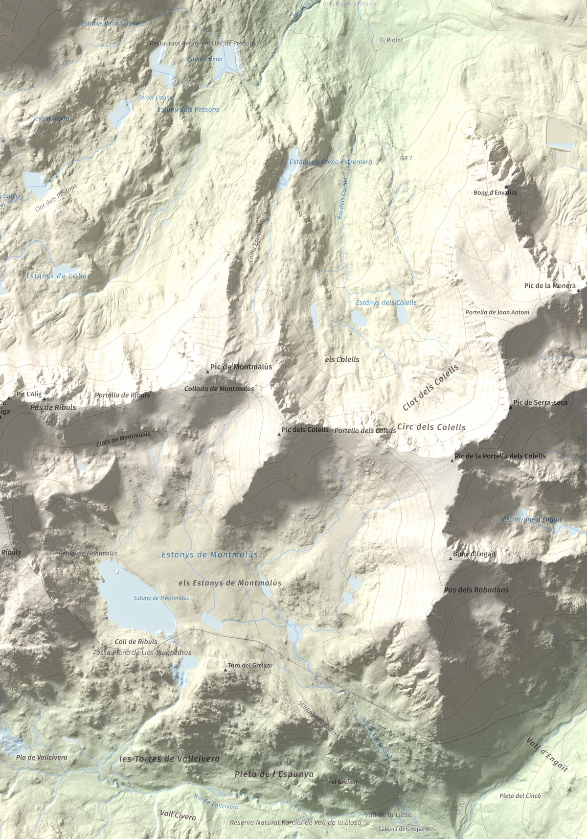 Mapa de relieve de Pic Alt del Cubil, 2834 m, Andorra, lámina 100 Cims de Trobart. Detalle de la zona inferior derecha. 70 × 100 cm.