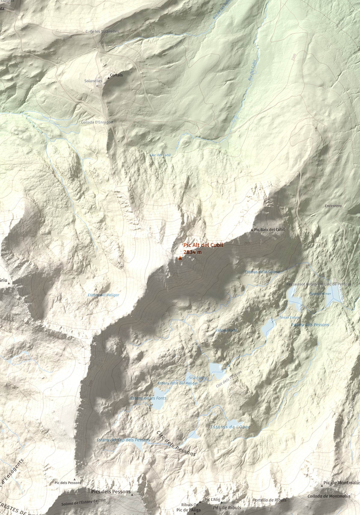 Mapa de relieve de Pic Alt del Cubil, 2834 m, Andorra, lámina 100 Cims de Trobart. Detalle de la zona central. 70 × 100 cm.