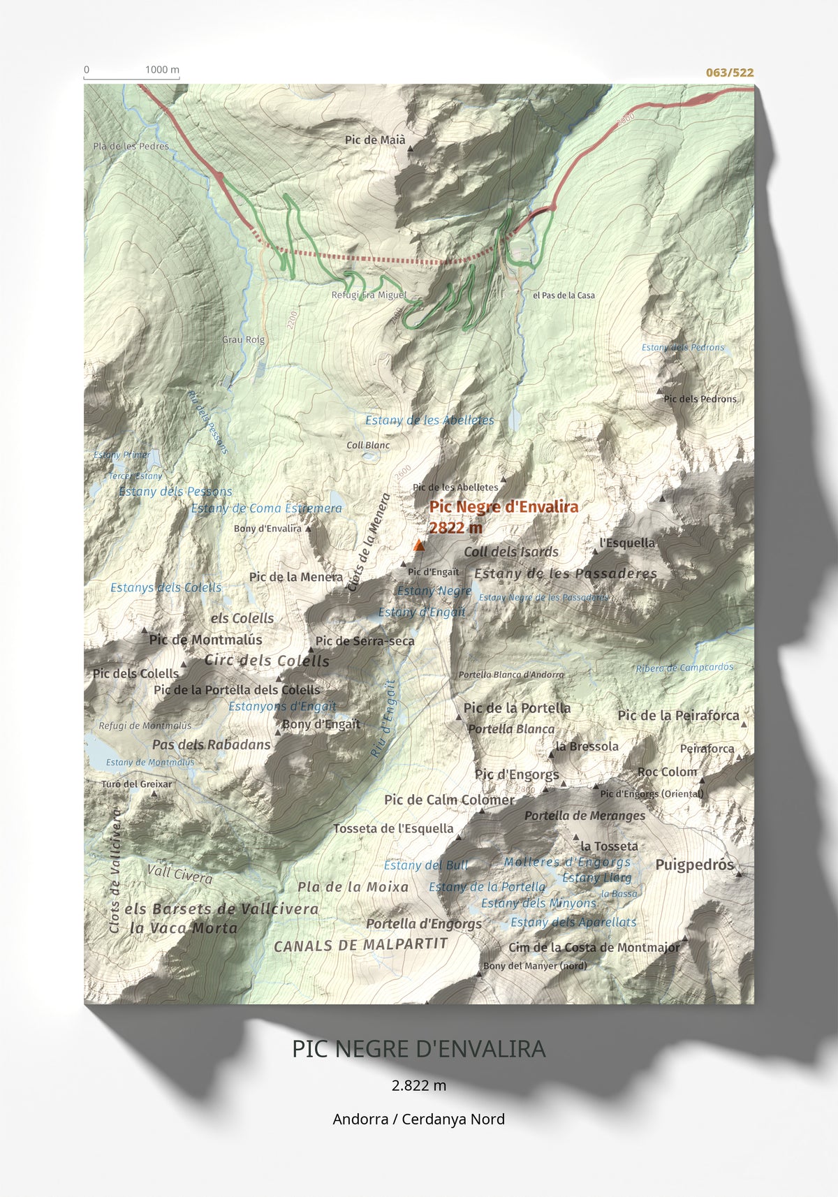 Mapa de relieve de Pic Negre d'Envalira, 2822 m, Andorra · Cerdanya Nord, lámina 100 Cims de Trobart 21 × 30 cm.