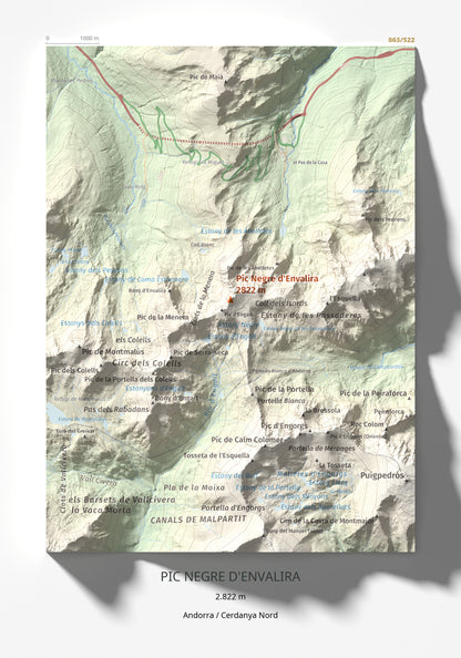 Mapa de relieve de Pic Negre d'Envalira, 2822 m, Andorra · Cerdanya Nord, lámina 100 Cims de Trobart 21 × 30 cm.