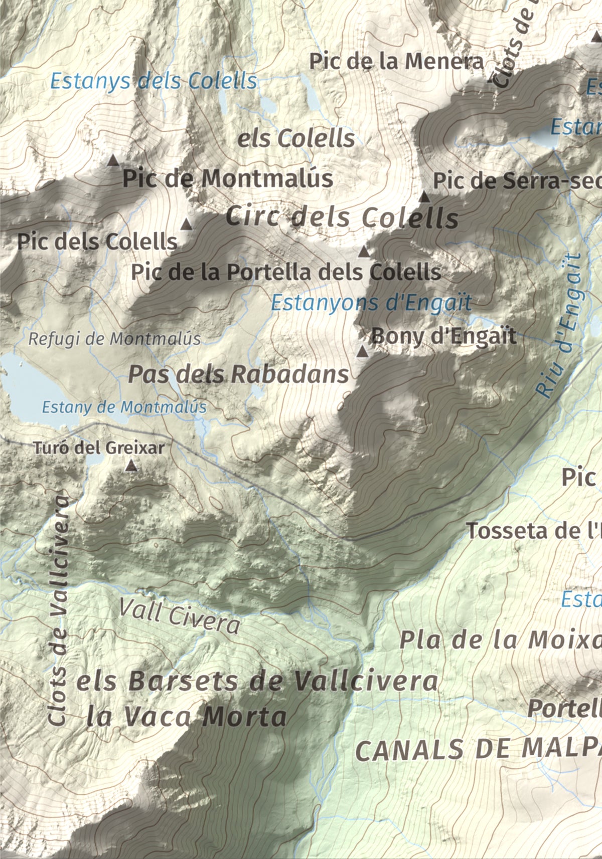 Mapa de relieve de Pic Negre d'Envalira, 2822 m, Andorra · Cerdanya Nord, lámina 100 Cims de Trobart. Detalle de la zona inferior izquierda. 21 × 30 cm.