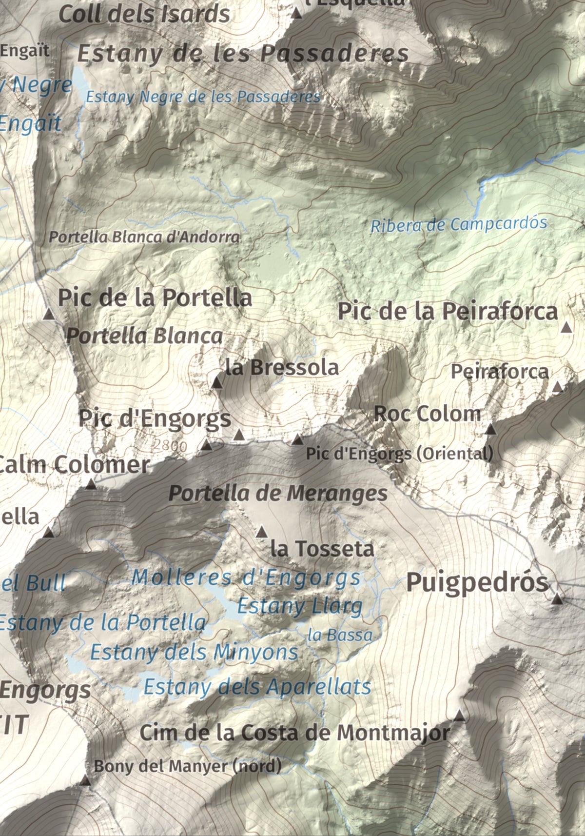 Mapa de relieve de Pic Negre d'Envalira, 2822 m, Andorra · Cerdanya Nord, lámina 100 Cims de Trobart. Detalle de la zona inferior derecha. 21 × 30 cm.