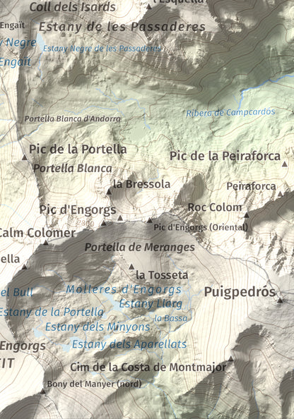 Mapa de relieve de Pic Negre d'Envalira, 2822 m, Andorra · Cerdanya Nord, lámina 100 Cims de Trobart. Detalle de la zona inferior derecha. 21 × 30 cm.