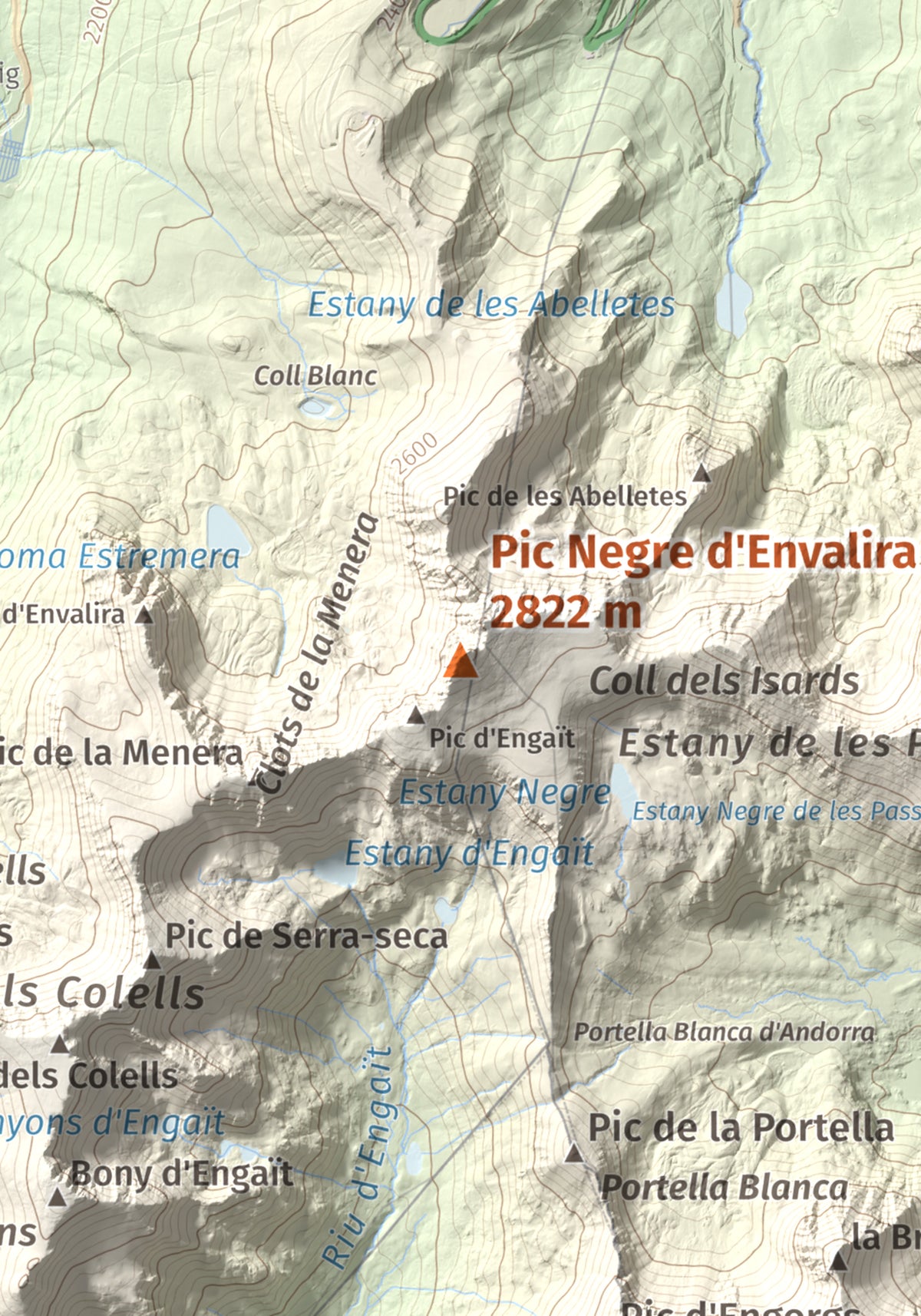 Mapa de relieve de Pic Negre d'Envalira, 2822 m, Andorra · Cerdanya Nord, lámina 100 Cims de Trobart. Detalle de la zona central. 21 × 30 cm.
