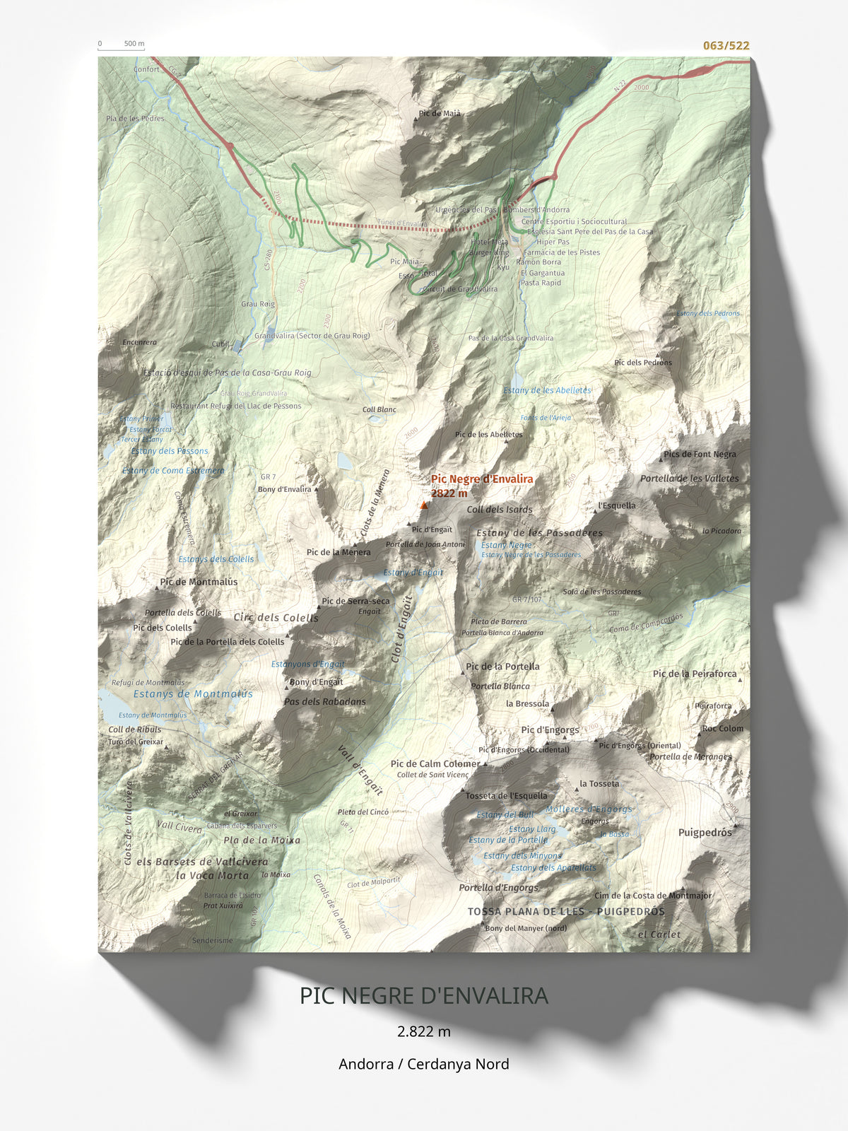 Mapa de relieve de Pic Negre d'Envalira, 2822 m, Andorra · Cerdanya Nord, lámina 100 Cims de Trobart 30 × 40 cm.