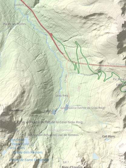 Mapa de relieve de Pic Negre d'Envalira, 2822 m, Andorra · Cerdanya Nord, lámina 100 Cims de Trobart. Detalle de la zona superior izquierda. 30 × 40 cm.