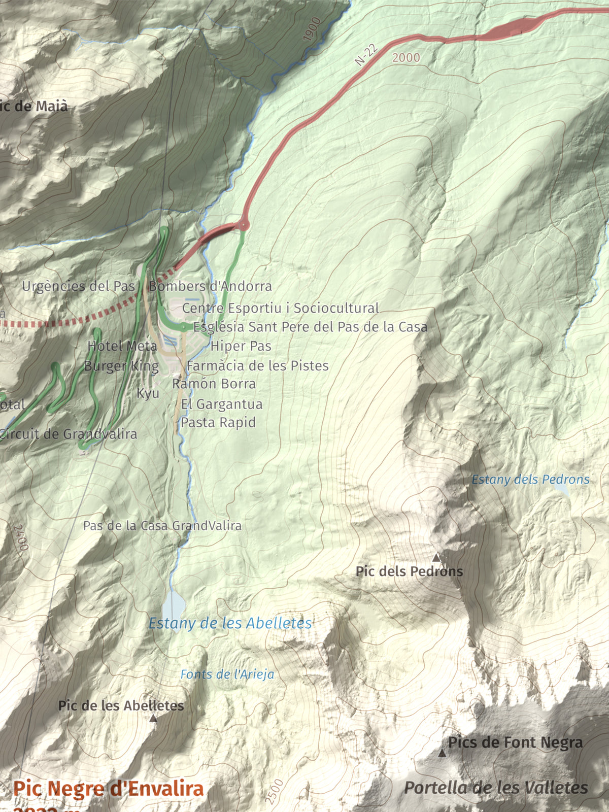 Mapa de relieve de Pic Negre d'Envalira, 2822 m, Andorra · Cerdanya Nord, lámina 100 Cims de Trobart. Detalle de la zona superior derecha. 30 × 40 cm.