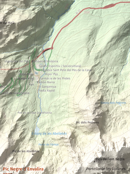 Mapa de relieve de Pic Negre d'Envalira, 2822 m, Andorra · Cerdanya Nord, lámina 100 Cims de Trobart. Detalle de la zona superior derecha. 30 × 40 cm.