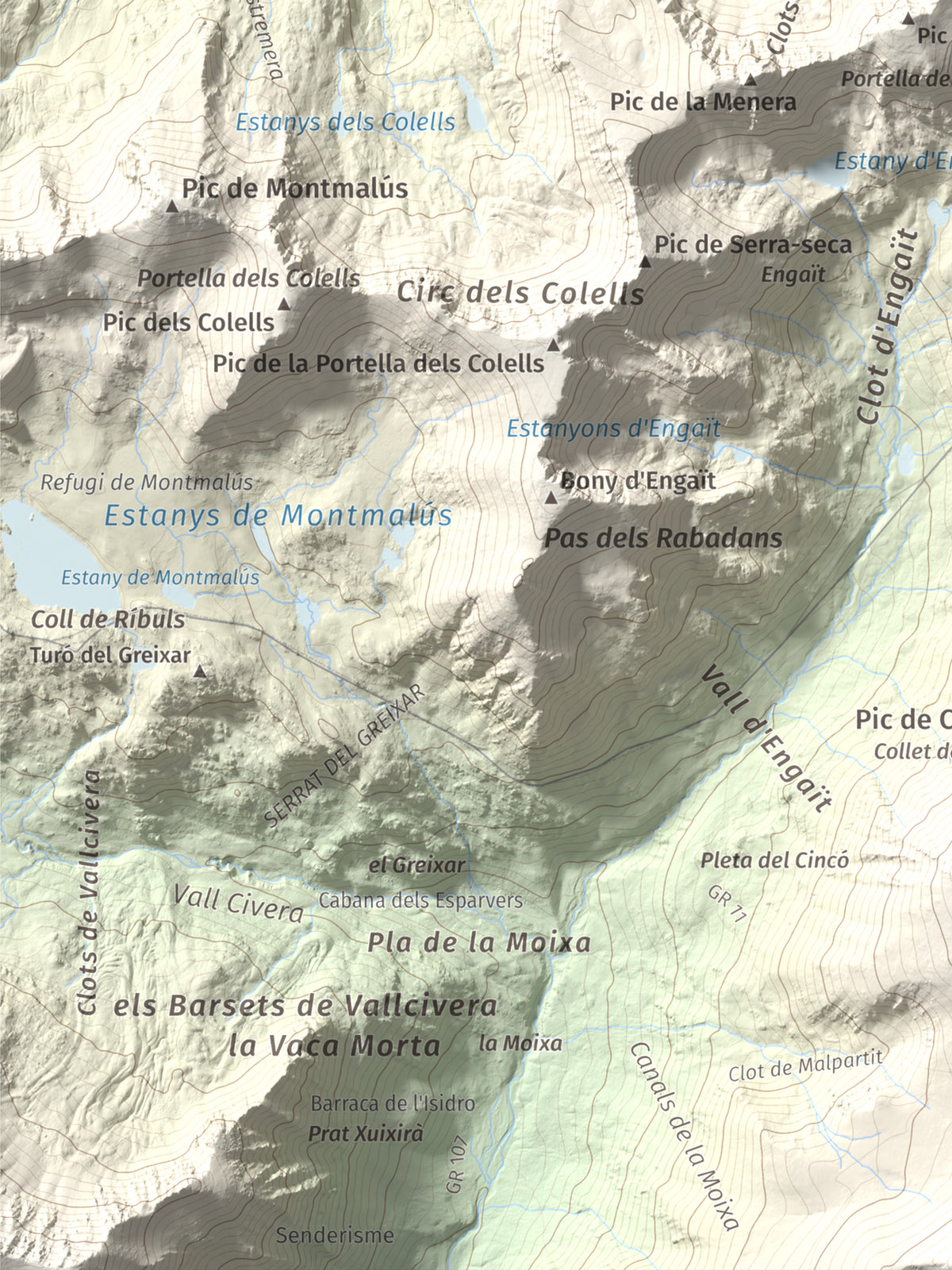 Mapa de relieve de Pic Negre d'Envalira, 2822 m, Andorra · Cerdanya Nord, lámina 100 Cims de Trobart. Detalle de la zona inferior izquierda. 30 × 40 cm.