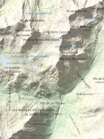 Mapa de relieve de Pic Negre d'Envalira, 2822 m, Andorra · Cerdanya Nord, lámina 100 Cims de Trobart. Detalle de la zona inferior izquierda. 30 × 40 cm.