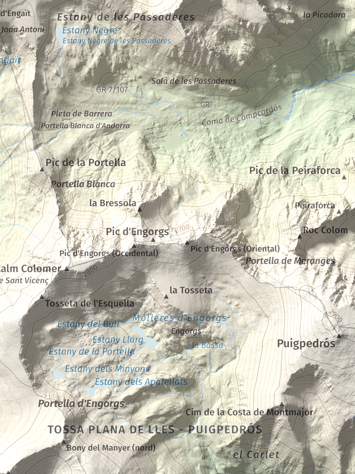 Mapa de relieve de Pic Negre d'Envalira, 2822 m, Andorra · Cerdanya Nord, lámina 100 Cims de Trobart. Detalle de la zona inferior derecha. 30 × 40 cm.