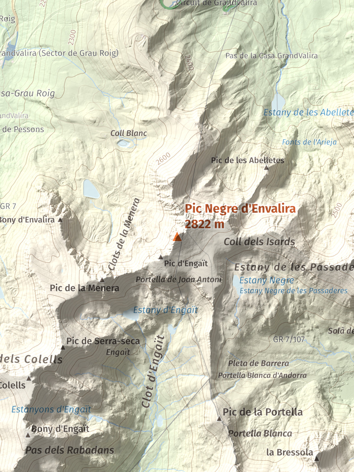 Mapa de relieve de Pic Negre d'Envalira, 2822 m, Andorra · Cerdanya Nord, lámina 100 Cims de Trobart. Detalle de la zona central. 30 × 40 cm.