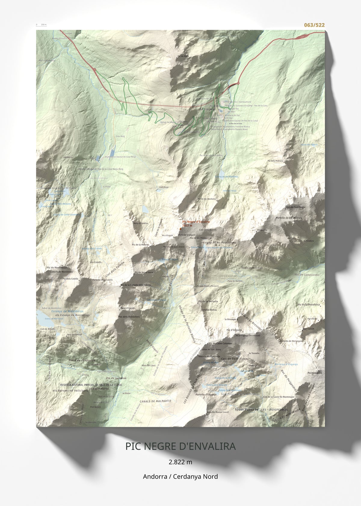 Mapa de relieve de Pic Negre d'Envalira, 2822 m, Andorra · Cerdanya Nord, lámina 100 Cims de Trobart 50 × 70 cm.
