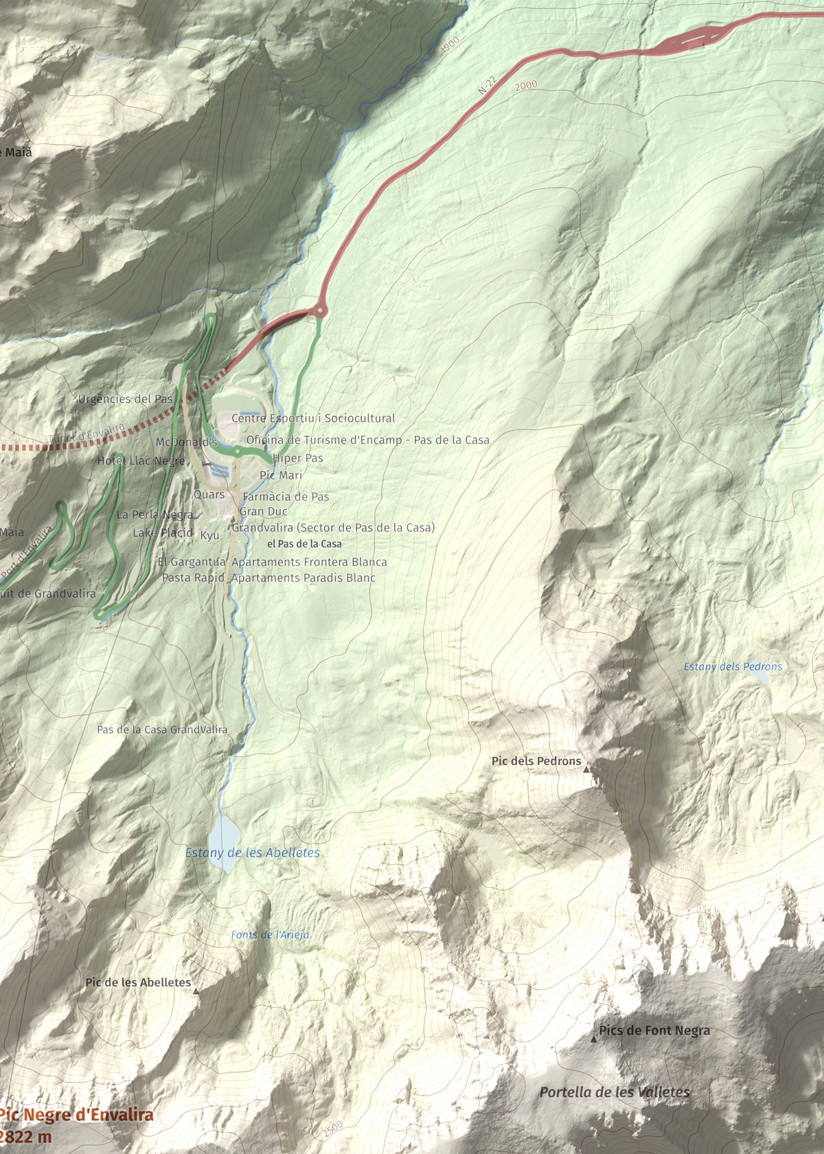 Mapa de relieve de Pic Negre d'Envalira, 2822 m, Andorra · Cerdanya Nord, lámina 100 Cims de Trobart. Detalle de la zona superior derecha. 50 × 70 cm.