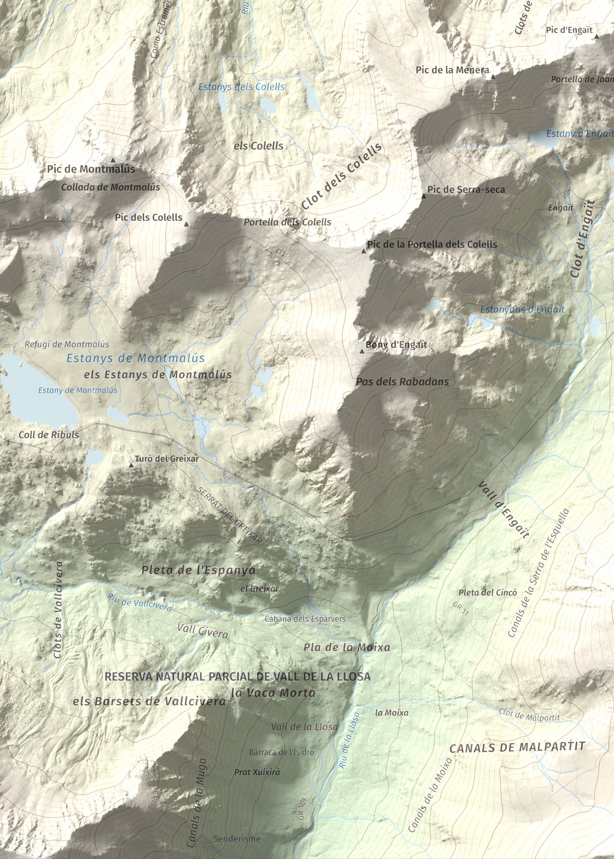 Mapa de relieve de Pic Negre d'Envalira, 2822 m, Andorra · Cerdanya Nord, lámina 100 Cims de Trobart. Detalle de la zona inferior izquierda. 50 × 70 cm.