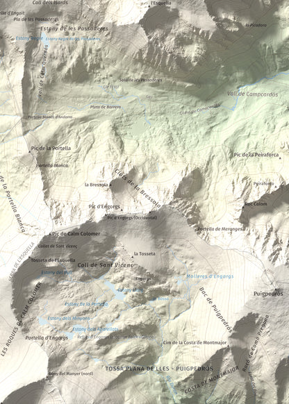 Mapa de relieve de Pic Negre d'Envalira, 2822 m, Andorra · Cerdanya Nord, lámina 100 Cims de Trobart. Detalle de la zona inferior derecha. 50 × 70 cm.