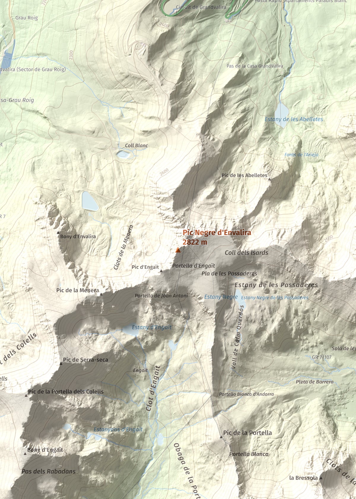 Mapa de relieve de Pic Negre d'Envalira, 2822 m, Andorra · Cerdanya Nord, lámina 100 Cims de Trobart. Detalle de la zona central. 50 × 70 cm.