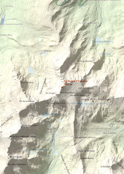 Mapa de relieve de Pic Negre d'Envalira, 2822 m, Andorra · Cerdanya Nord, lámina 100 Cims de Trobart. Detalle de la zona central. 50 × 70 cm.