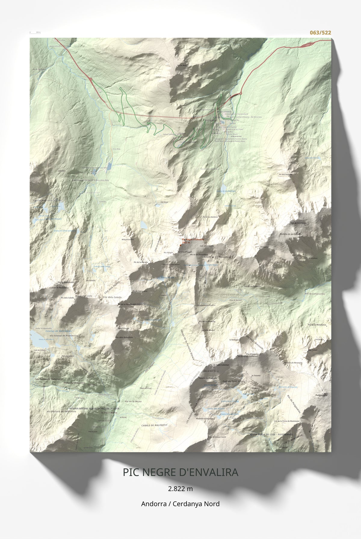 Mapa de relieve de Pic Negre d'Envalira, 2822 m, Andorra · Cerdanya Nord, lámina 100 Cims de Trobart 61 × 91 cm.