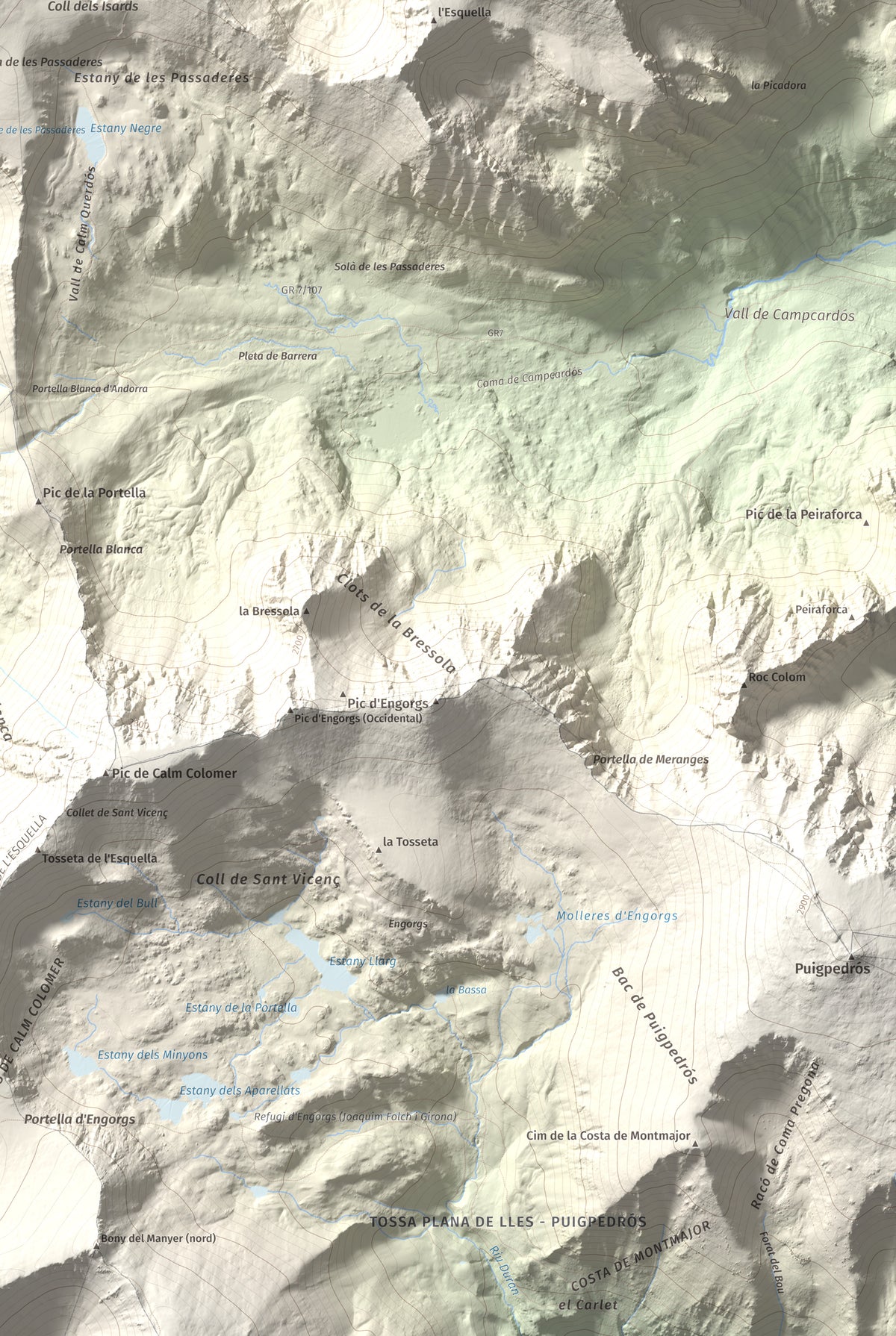 Mapa de relieve de Pic Negre d'Envalira, 2822 m, Andorra · Cerdanya Nord, lámina 100 Cims de Trobart. Detalle de la zona inferior derecha. 61 × 91 cm.