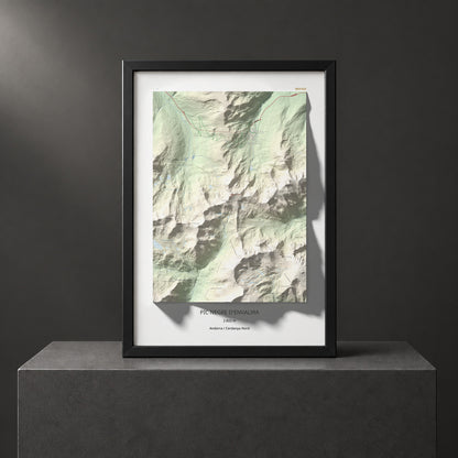 Mapa de relieve de Pic Negre d'Envalira, 2822 m, Andorra · Cerdanya Nord, lámina 100 Cims de Trobart. Presentación enmarcada. 70 × 100 cm.
