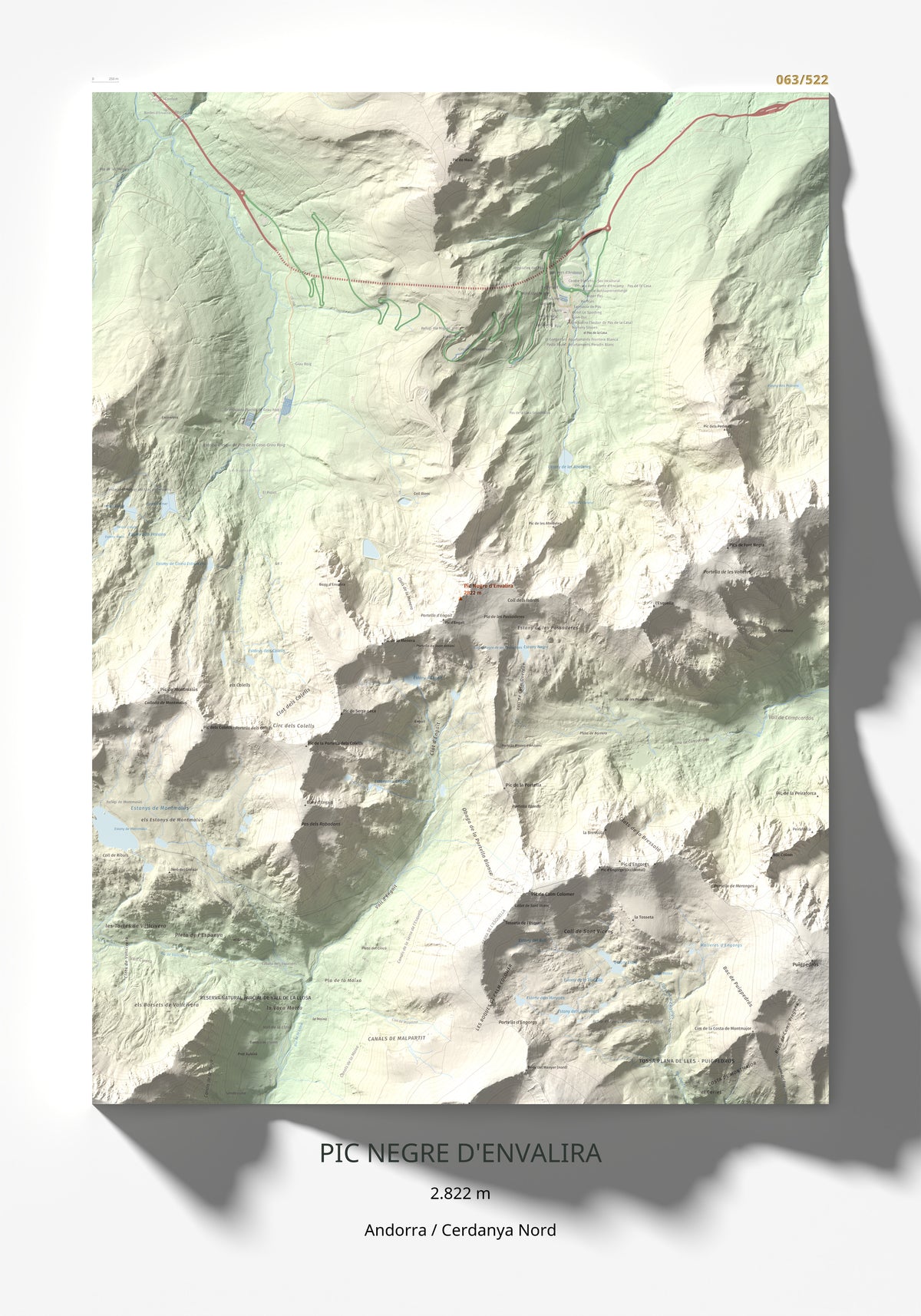 Mapa de relieve de Pic Negre d'Envalira, 2822 m, Andorra · Cerdanya Nord, lámina 100 Cims de Trobart 70 × 100 cm.