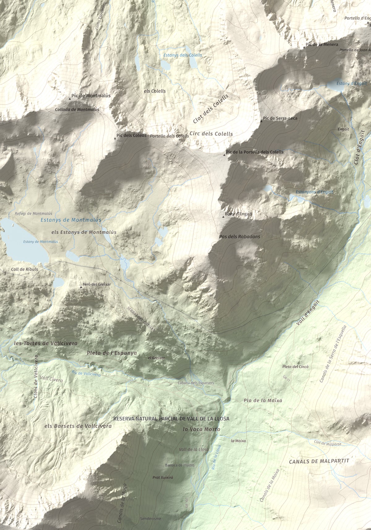 Mapa de relieve de Pic Negre d'Envalira, 2822 m, Andorra · Cerdanya Nord, lámina 100 Cims de Trobart. Detalle de la zona inferior izquierda. 70 × 100 cm.