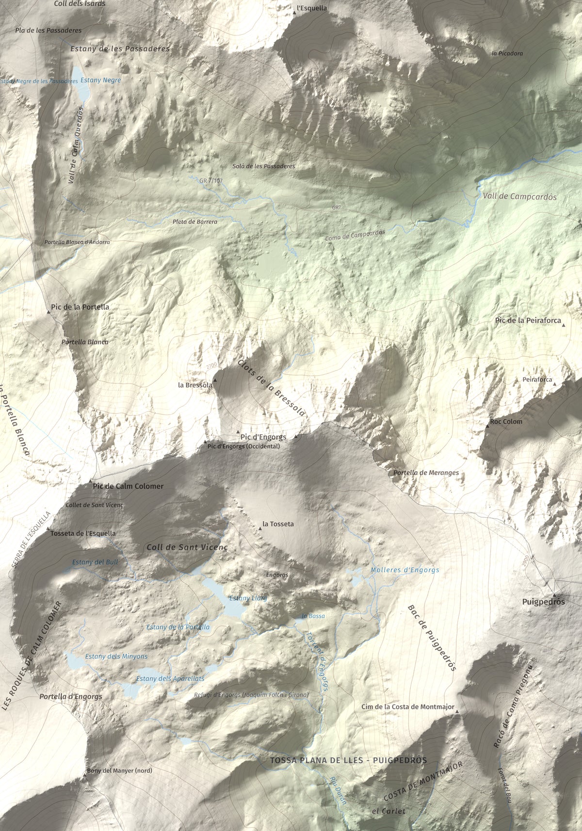 Mapa de relieve de Pic Negre d'Envalira, 2822 m, Andorra · Cerdanya Nord, lámina 100 Cims de Trobart. Detalle de la zona inferior derecha. 70 × 100 cm.