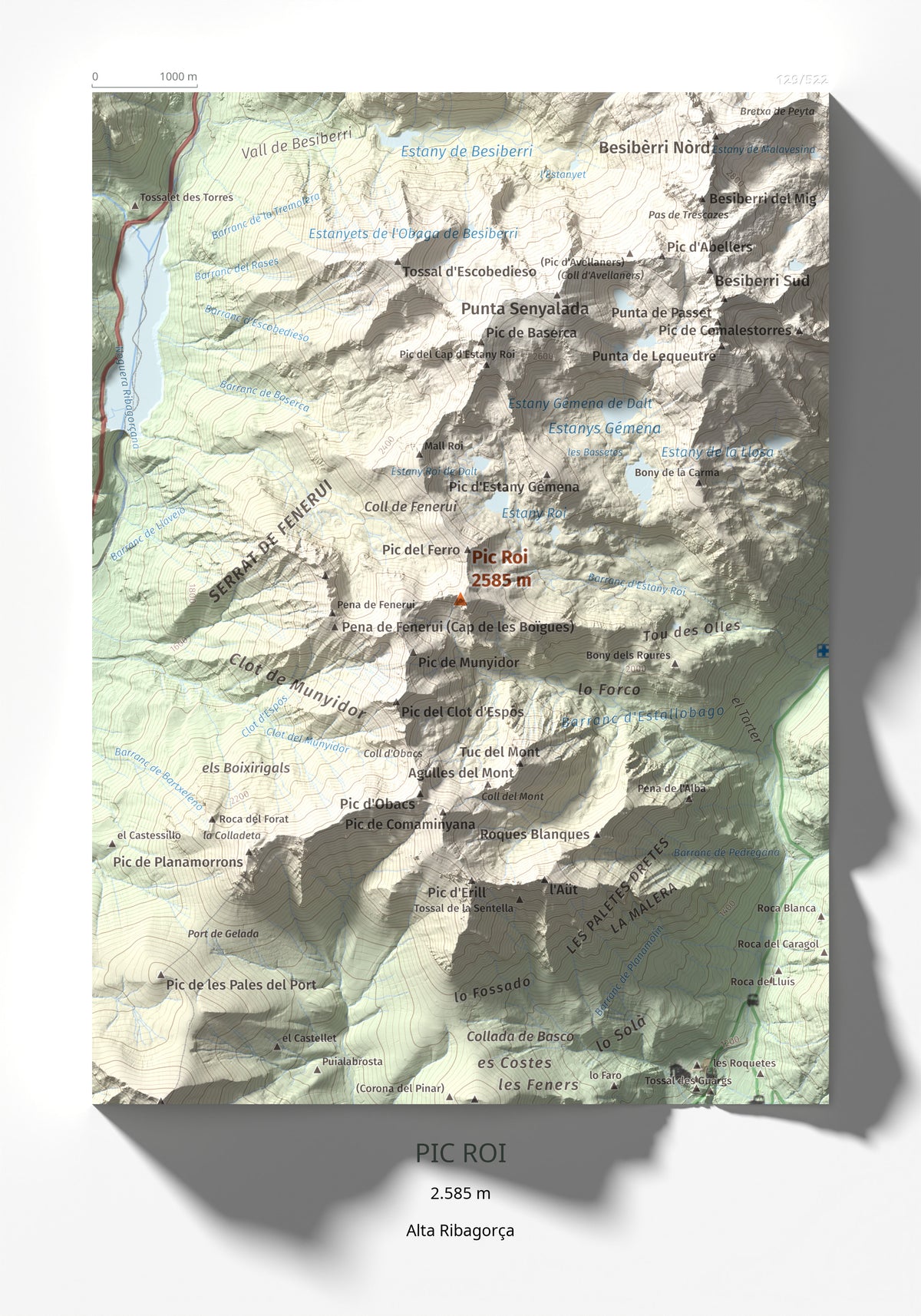 Mapa de relieve de Pic Roi, 2585 m, Alta Ribagorça, lámina 100 Cims de Trobart 21 × 30 cm.