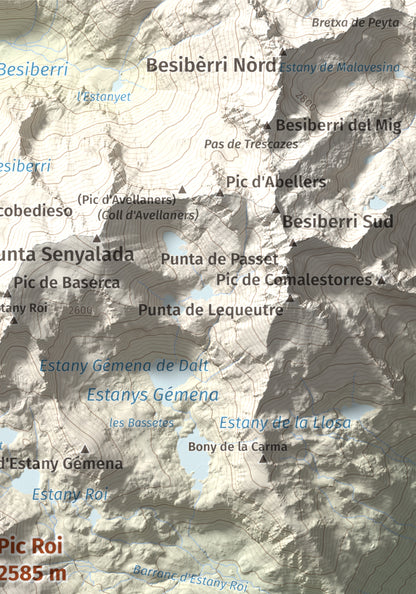 Mapa de relieve de Pic Roi, 2585 m, Alta Ribagorça, lámina 100 Cims de Trobart. Detalle de la zona superior derecha. 21 × 30 cm.