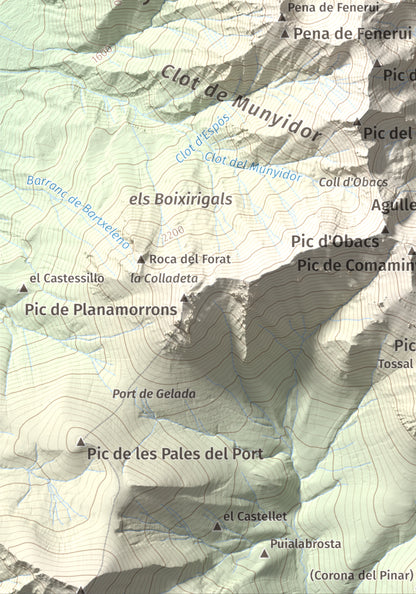 Mapa de relieve de Pic Roi, 2585 m, Alta Ribagorça, lámina 100 Cims de Trobart. Detalle de la zona inferior izquierda. 21 × 30 cm.