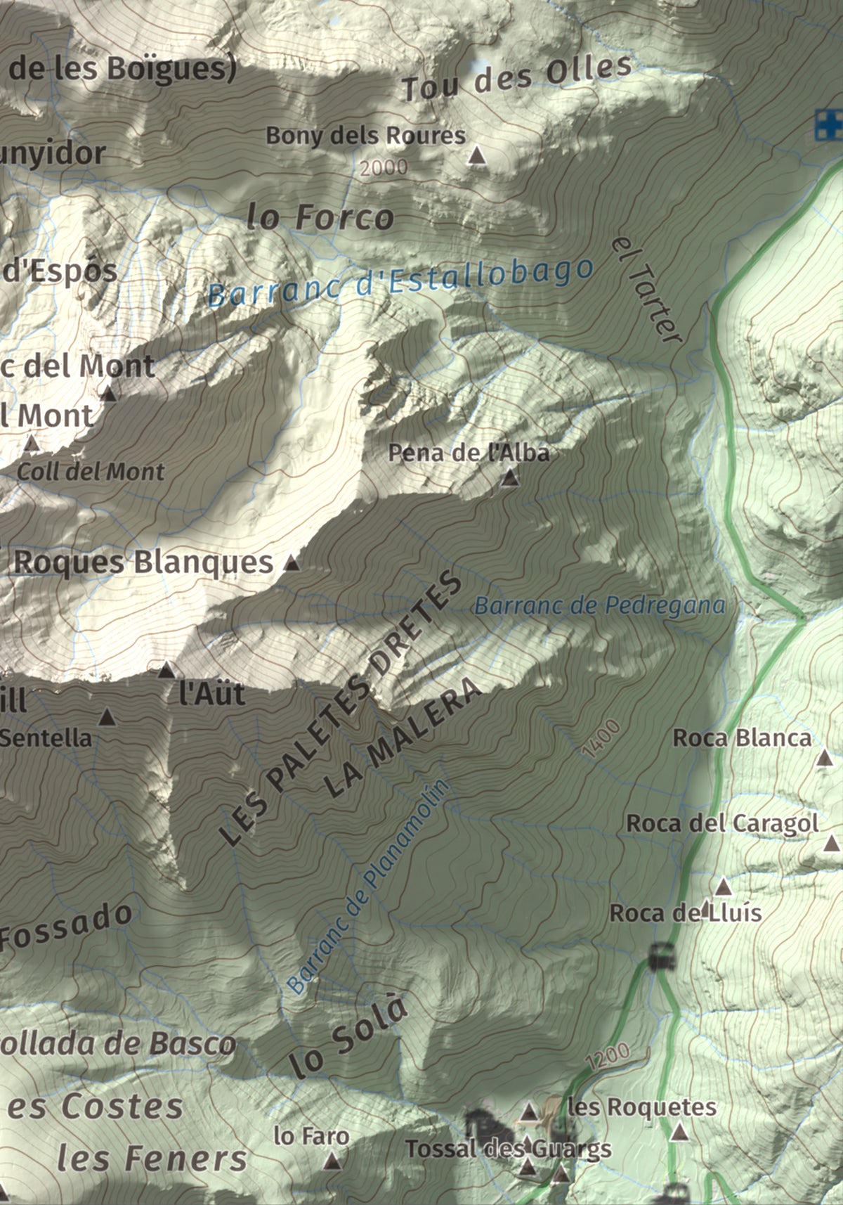 Mapa de relieve de Pic Roi, 2585 m, Alta Ribagorça, lámina 100 Cims de Trobart. Detalle de la zona inferior derecha. 21 × 30 cm.