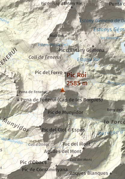 Mapa de relieve de Pic Roi, 2585 m, Alta Ribagorça, lámina 100 Cims de Trobart. Detalle de la zona central. 21 × 30 cm.
