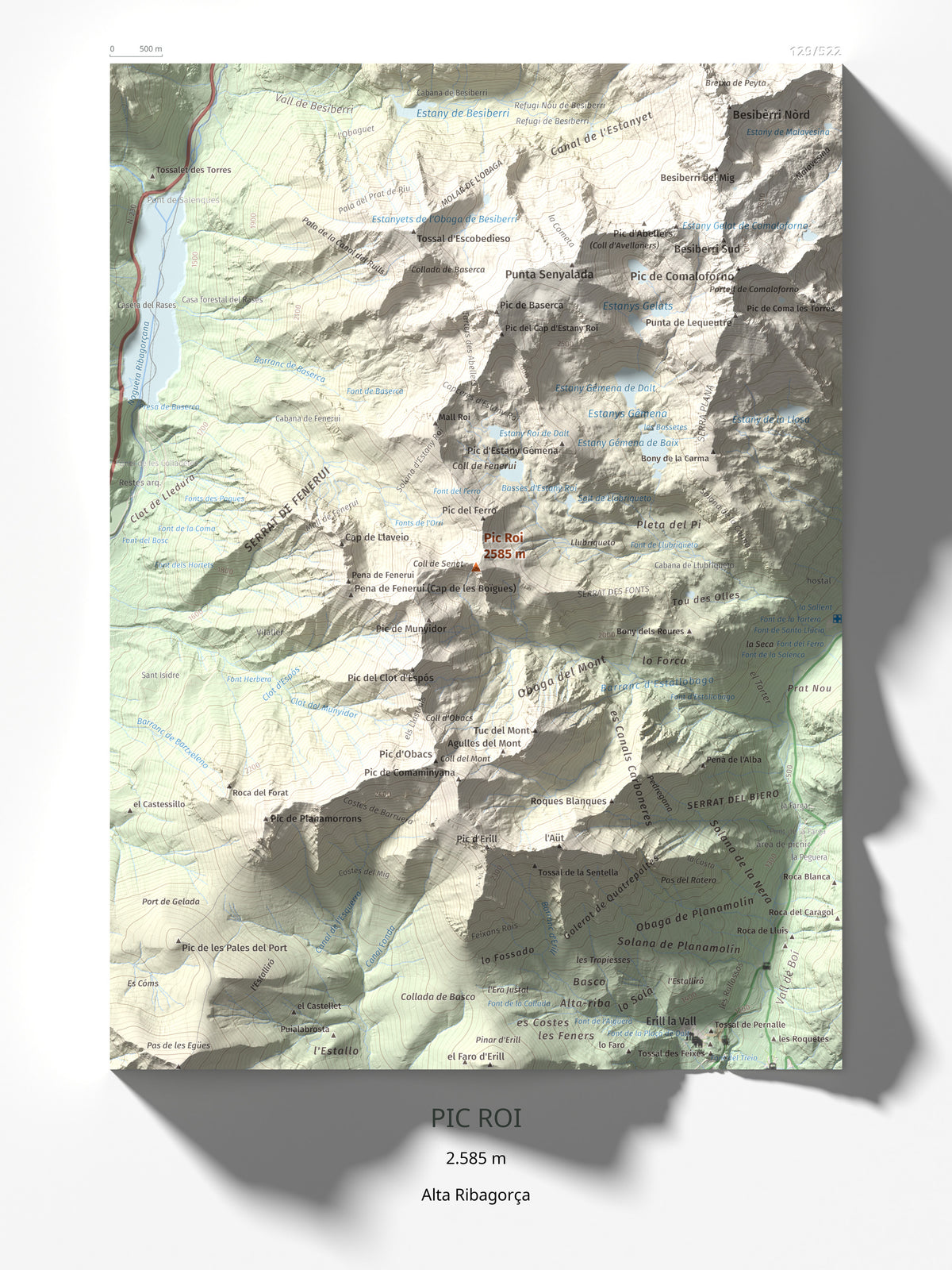 Mapa de relieve de Pic Roi, 2585 m, Alta Ribagorça, lámina 100 Cims de Trobart 30 × 40 cm.