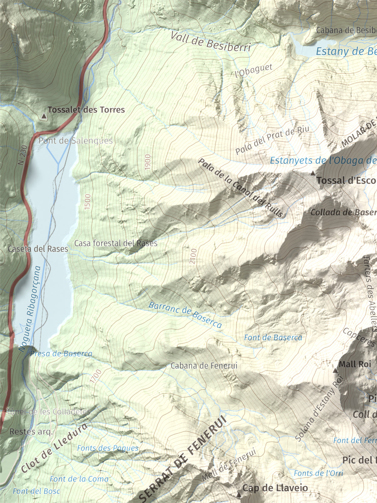 Mapa de relieve de Pic Roi, 2585 m, Alta Ribagorça, lámina 100 Cims de Trobart. Detalle de la zona superior izquierda. 30 × 40 cm.
