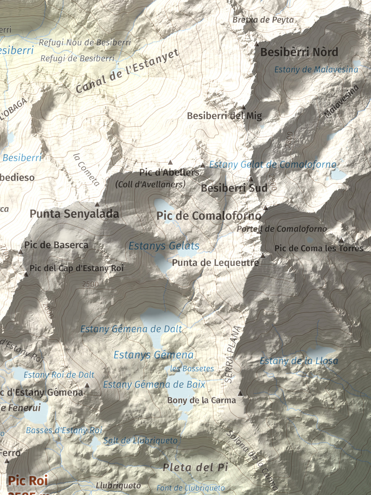 Mapa de relieve de Pic Roi, 2585 m, Alta Ribagorça, lámina 100 Cims de Trobart. Detalle de la zona superior derecha. 30 × 40 cm.