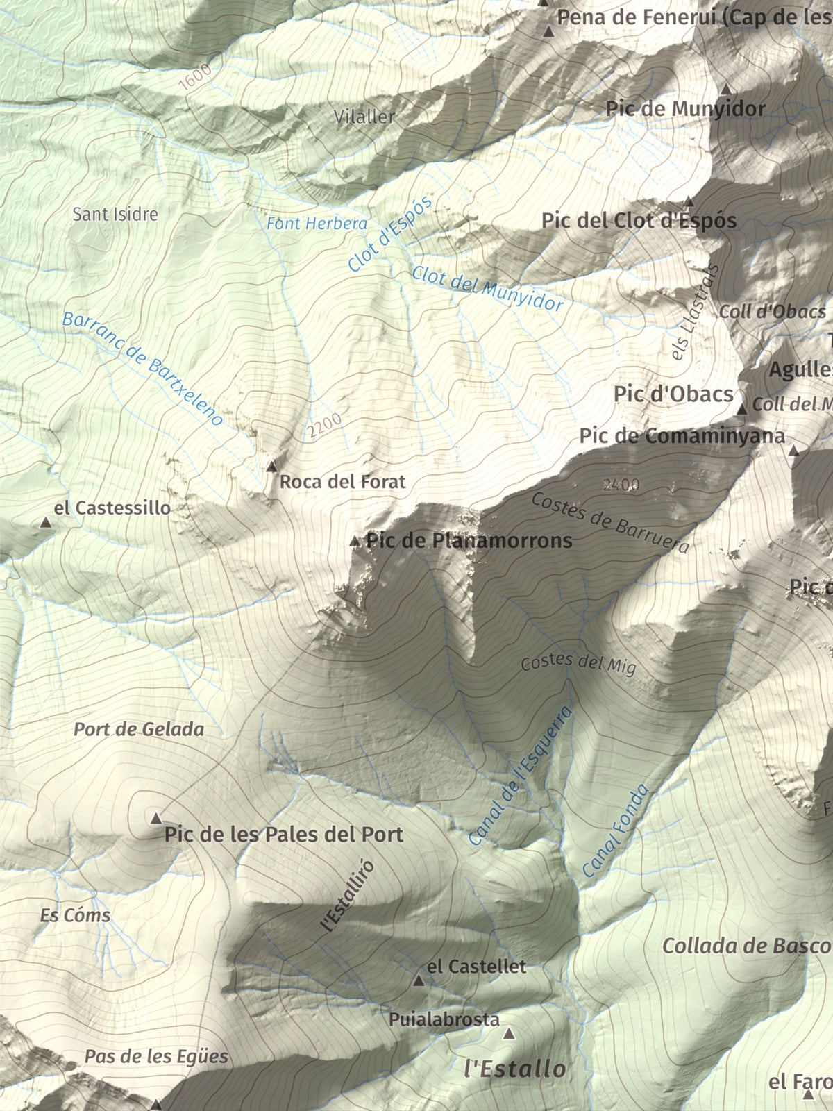 Mapa de relieve de Pic Roi, 2585 m, Alta Ribagorça, lámina 100 Cims de Trobart. Detalle de la zona inferior izquierda. 30 × 40 cm.