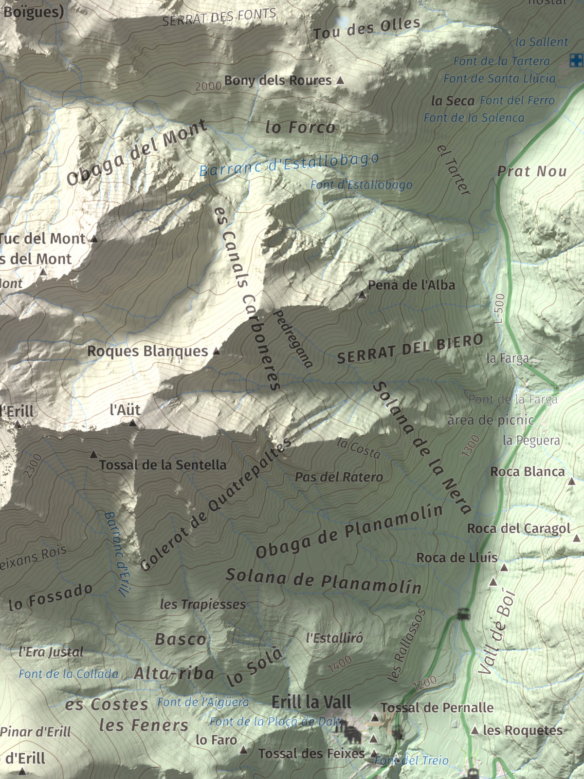 Mapa de relieve de Pic Roi, 2585 m, Alta Ribagorça, lámina 100 Cims de Trobart. Detalle de la zona inferior derecha. 30 × 40 cm.