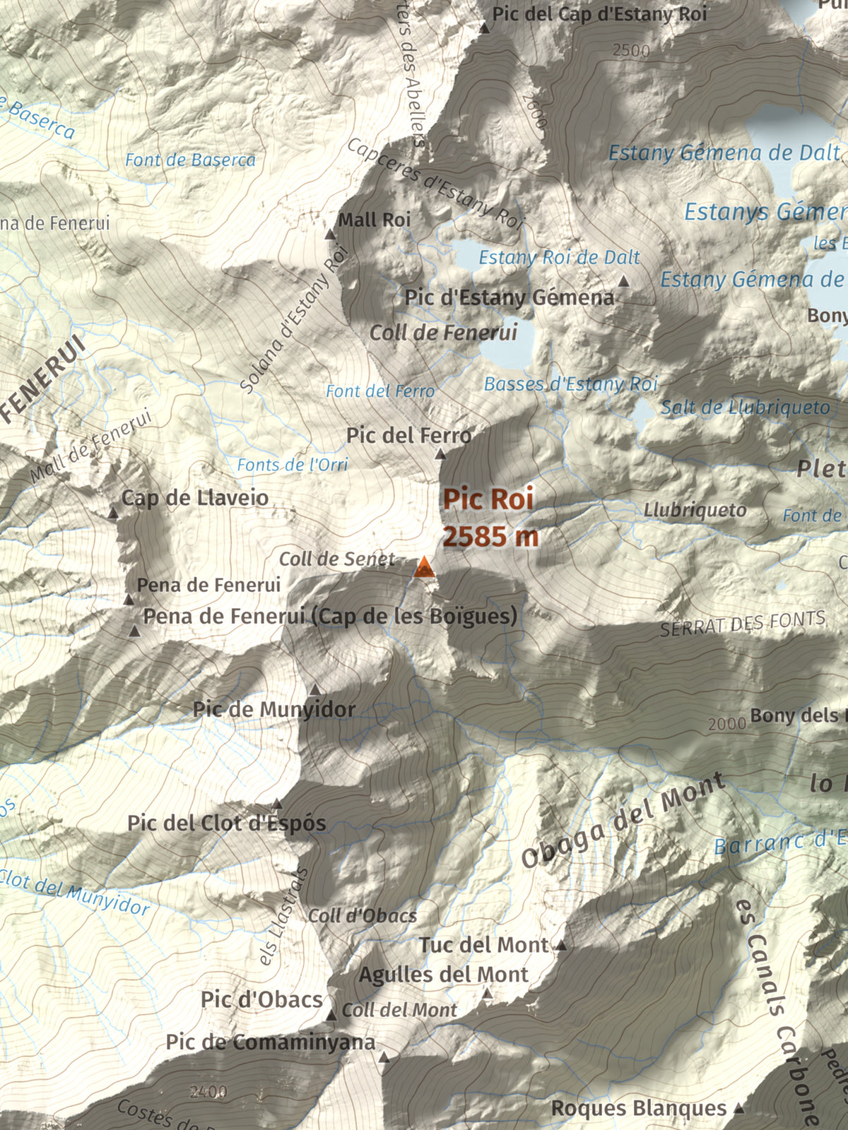 Mapa de relieve de Pic Roi, 2585 m, Alta Ribagorça, lámina 100 Cims de Trobart. Detalle de la zona central. 30 × 40 cm.