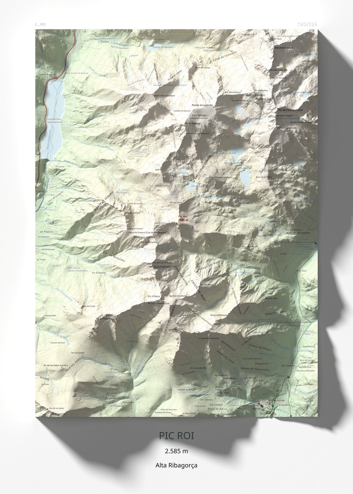 Mapa de relieve de Pic Roi, 2585 m, Alta Ribagorça, lámina 100 Cims de Trobart 50 × 70 cm.