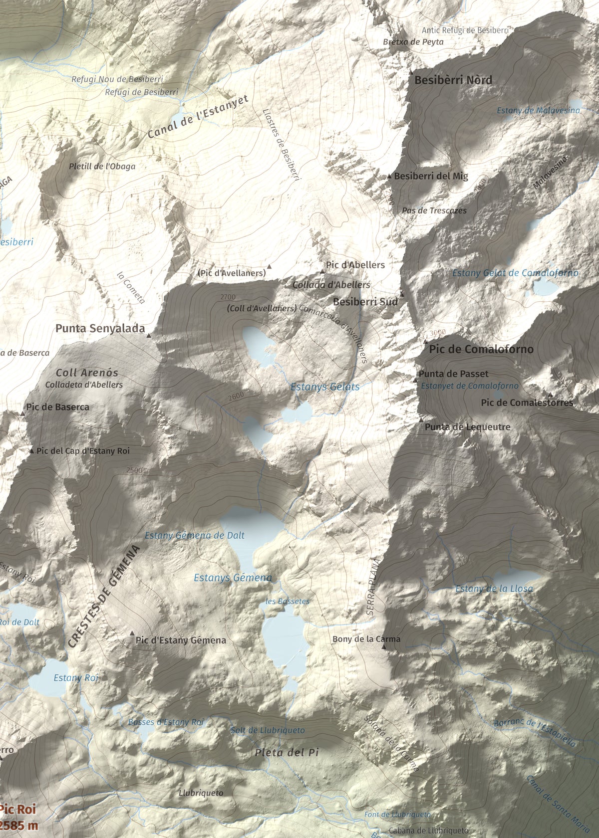 Mapa de relieve de Pic Roi, 2585 m, Alta Ribagorça, lámina 100 Cims de Trobart. Detalle de la zona superior derecha. 50 × 70 cm.