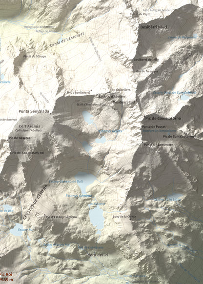 Mapa de relieve de Pic Roi, 2585 m, Alta Ribagorça, lámina 100 Cims de Trobart. Detalle de la zona superior derecha. 50 × 70 cm.