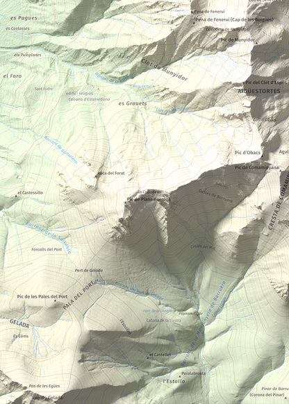 Mapa de relieve de Pic Roi, 2585 m, Alta Ribagorça, lámina 100 Cims de Trobart. Detalle de la zona inferior izquierda. 50 × 70 cm.