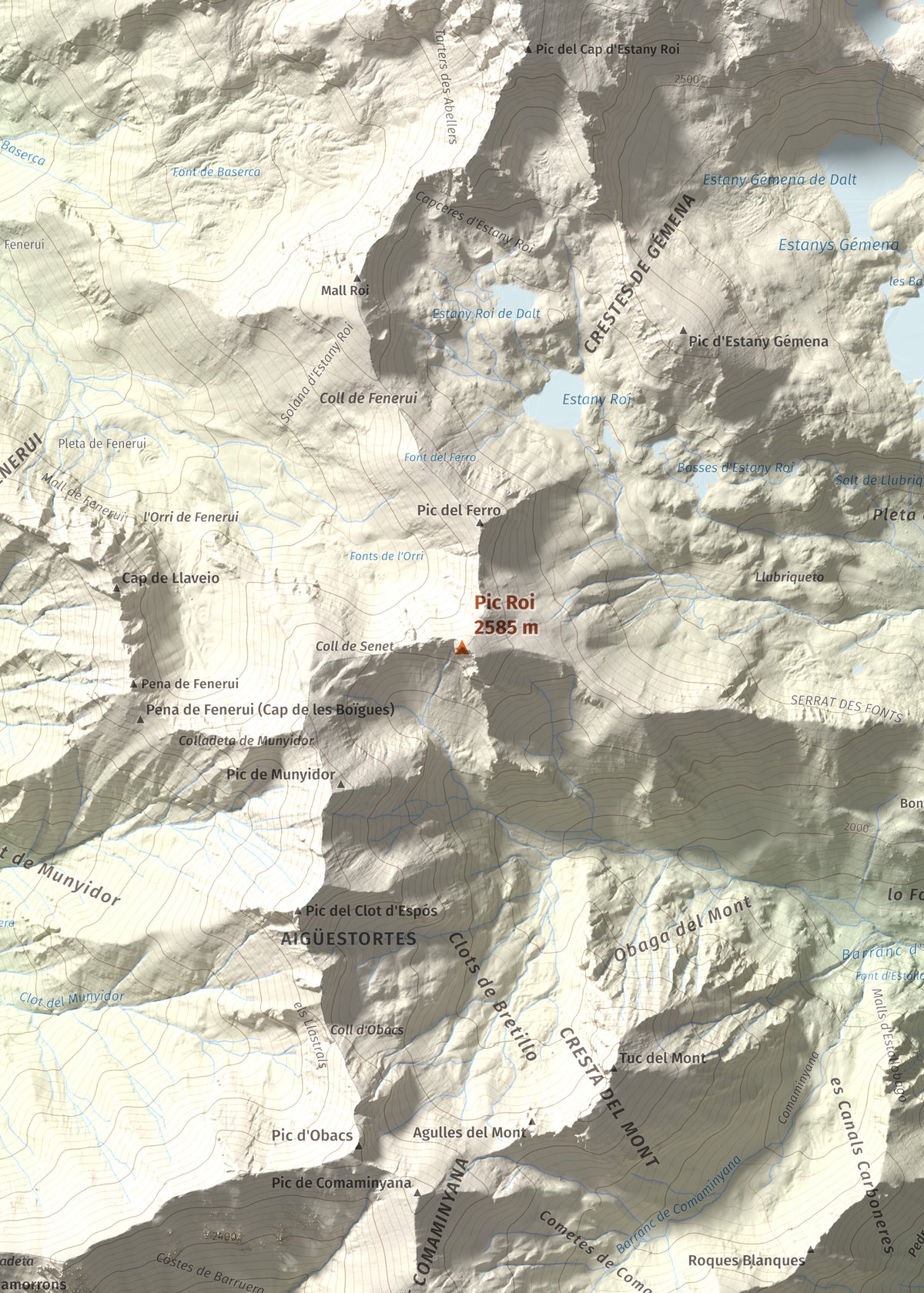 Mapa de relieve de Pic Roi, 2585 m, Alta Ribagorça, lámina 100 Cims de Trobart. Detalle de la zona central. 50 × 70 cm.