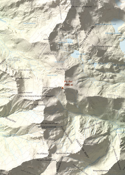 Mapa de relieve de Pic Roi, 2585 m, Alta Ribagorça, lámina 100 Cims de Trobart. Detalle de la zona central. 50 × 70 cm.