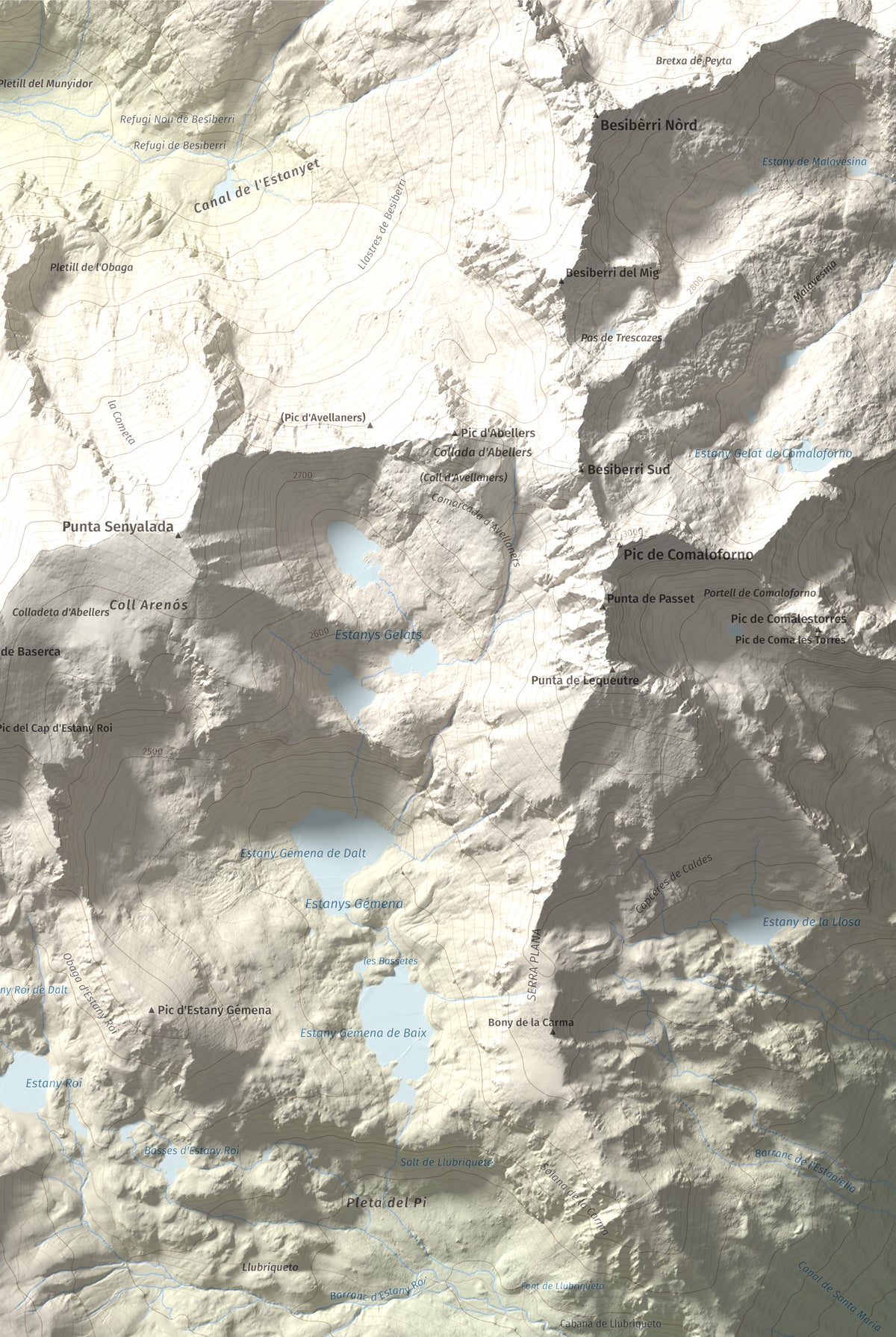 Mapa de relieve de Pic Roi, 2585 m, Alta Ribagorça, lámina 100 Cims de Trobart. Detalle de la zona superior derecha. 61 × 91 cm.